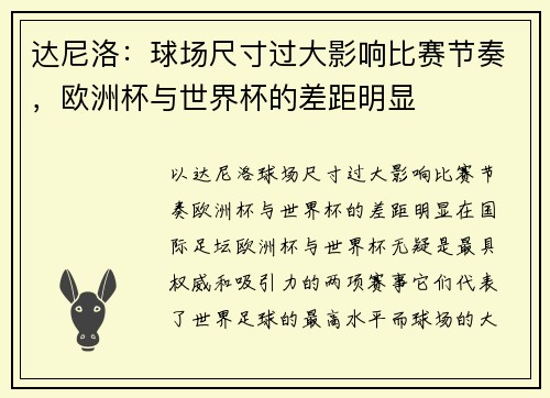 达尼洛：球场尺寸过大影响比赛节奏，欧洲杯与世界杯的差距明显