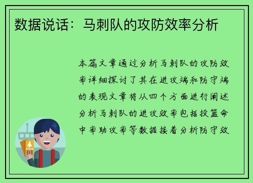 数据说话：马刺队的攻防效率分析