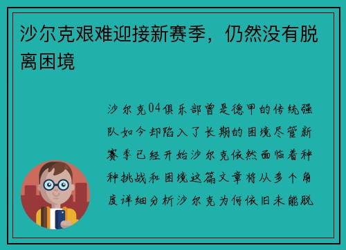 沙尔克艰难迎接新赛季，仍然没有脱离困境