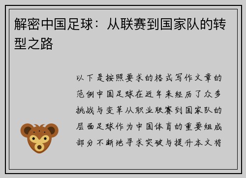 解密中国足球：从联赛到国家队的转型之路