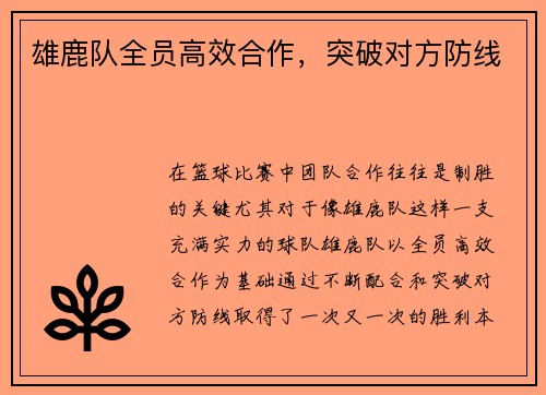 雄鹿队全员高效合作，突破对方防线