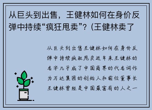 从巨头到出售,王健林如何在身价反弹中持续“疯狂甩卖”?(王健林卖了多少钱) 从巨头到出售,王健林如何在身价反弹中持续“疯狂甩卖”?(王健林卖了多少钱)