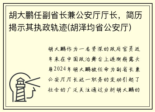 胡大鹏任副省长兼公安厅厅长，简历揭示其执政轨迹(胡泽均省公安厅)