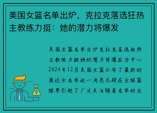 美国女篮名单出炉，克拉克落选狂热主教练力挺：她的潜力将爆发